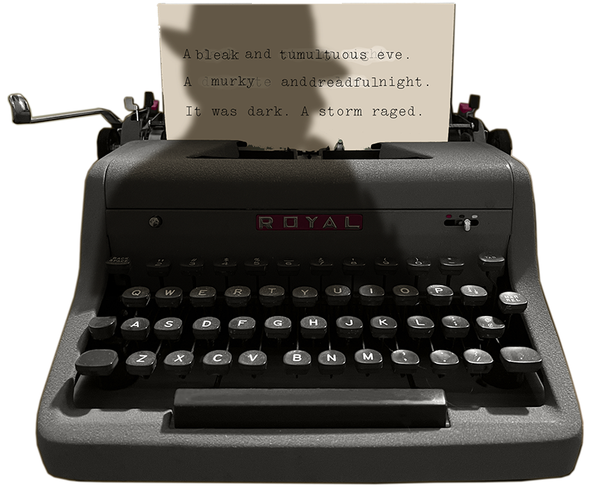 A vintage Royal typewriter with typed text on a sheet of paper inserted, displaying a poem or story beginning with lines about a stormy night.