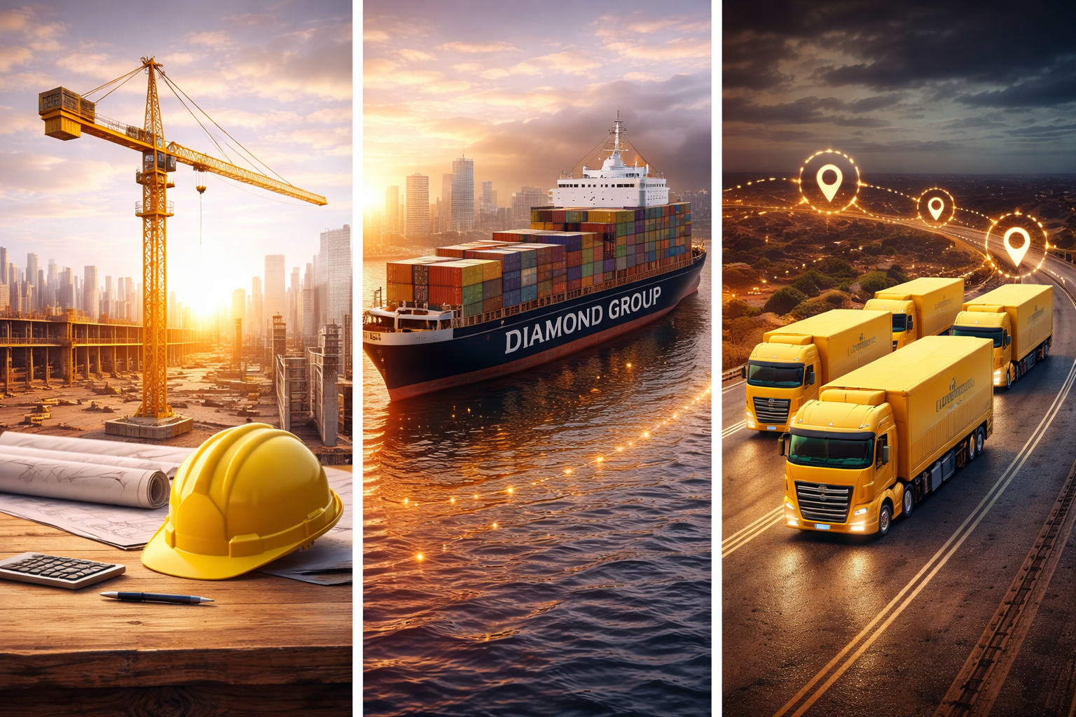 Construction site with a tower crane, a hard hat, blueprints, and a calculator; cargo ship labeled 'Diamond Group' carrying containers at sunset; fleet of yellow trucks on a highway with GPS markers at dusk.
