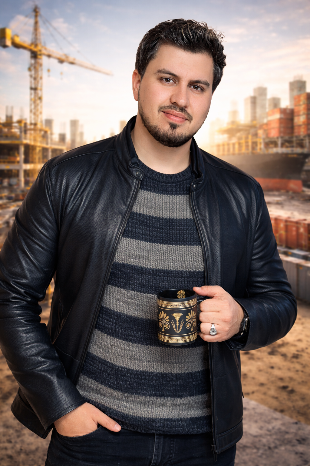 Man in a leather jacket holding a decorative coffee mug in front of a construction site during sunset.