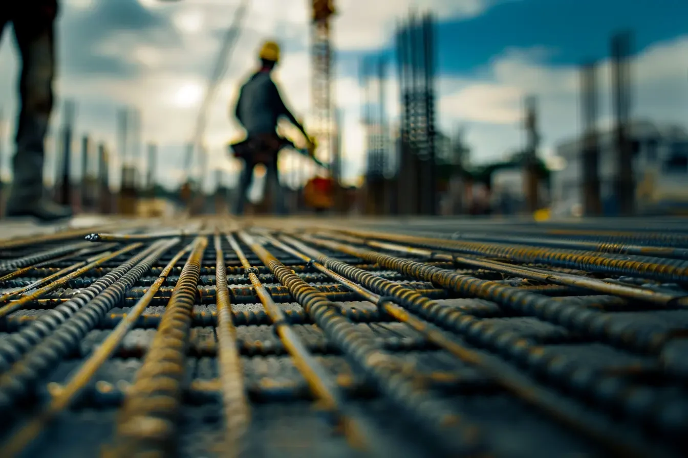 Close-up view of a construction site showing rebar on the ground with a worker in a yellow hard hat in the background.