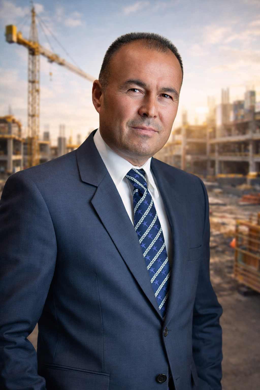 A man in a suit standing in front of a construction site at sunset.