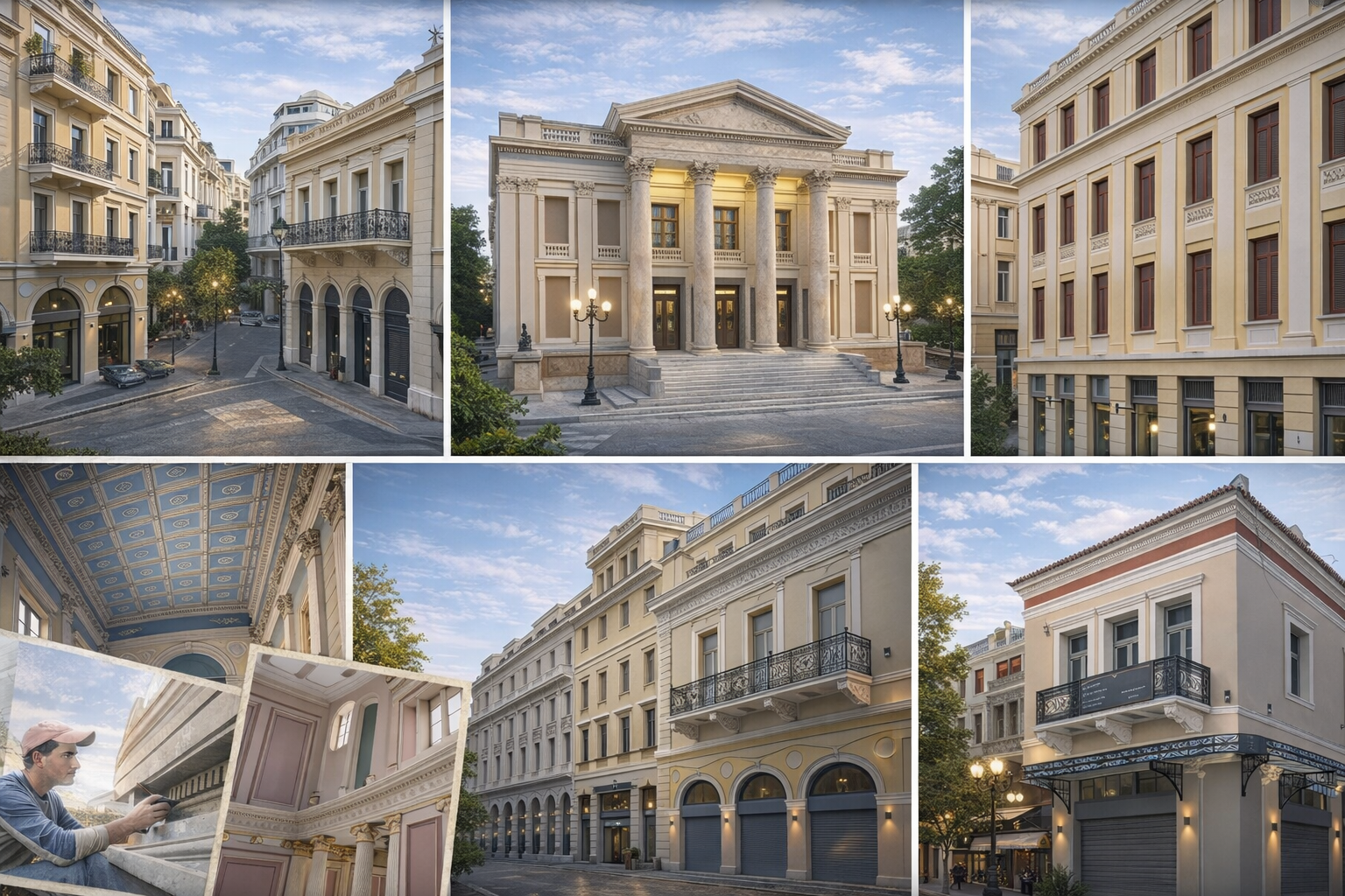 Collage of elegant European-style buildings with classical architecture, including a grand temple-like structure with columns, a decorated interior ceiling, and a person working on a decorative railing.