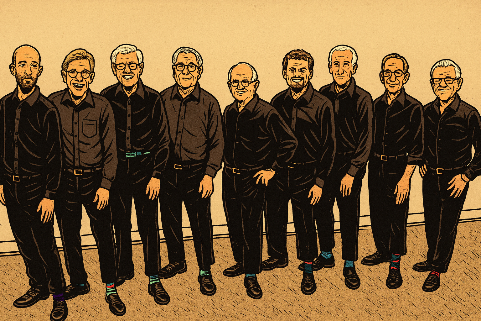 Illustration of eleven men in black shirts and pants standing in a line on a wooden floor against a beige background, smiling at the camera.