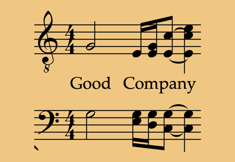 Sheet music with musical notes and the words "Good Company" in the center.