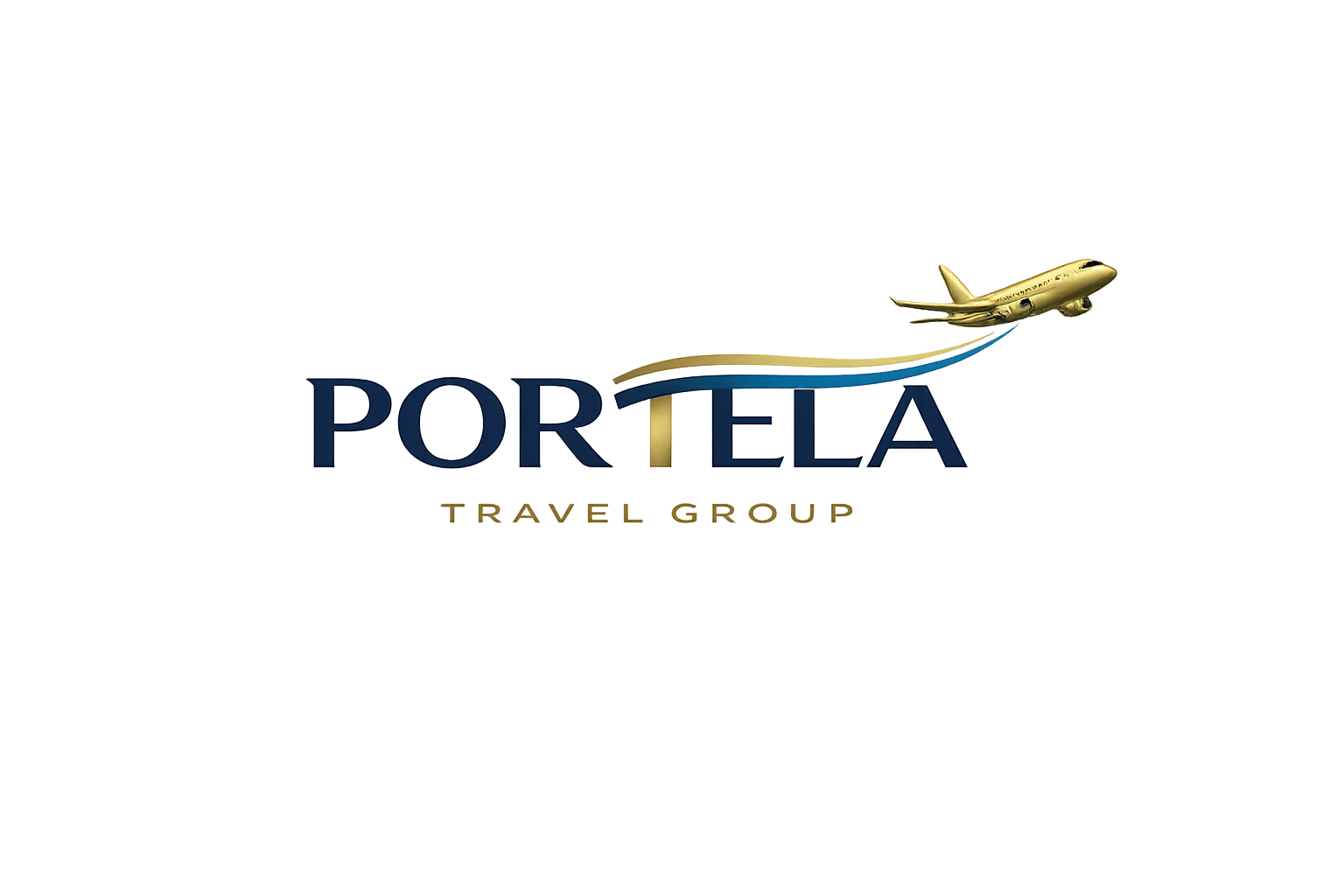 Logo for Portela Travel Group featuring a golden airplane flying over the text 'Portela' in blue, with 'Travel Group' written below in gold.