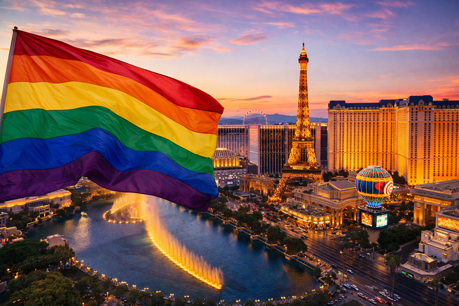 The Las Vegas Strip at sunset features the Eiffel Tower replica, a hot air balloon sculpture, a large fountain, and a rainbow pride flag in the foreground.