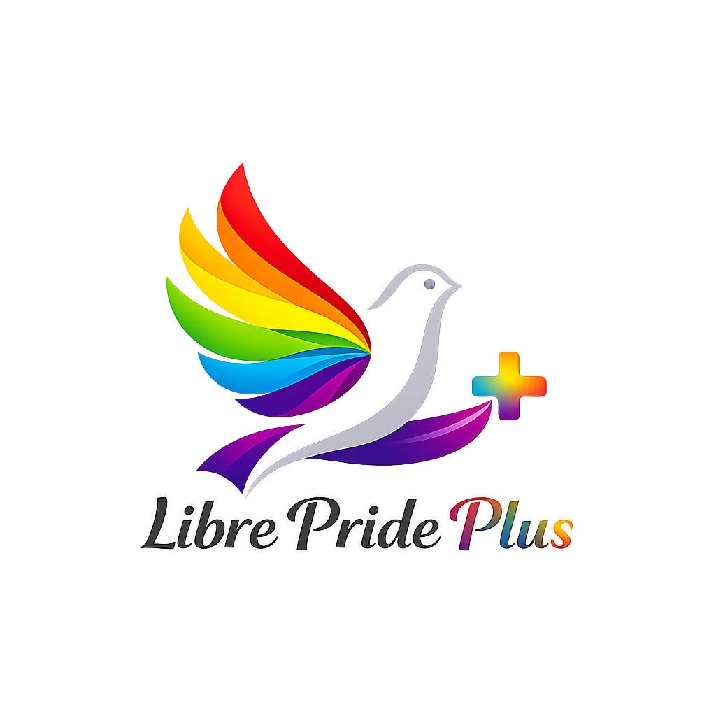 Colorful logo with a rainbow-colored wing, a plus sign with rainbow colors, and the text "Libre Pride Plus" in rainbow and black lettering.