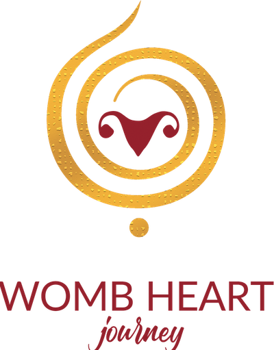 A stylized gold spiral with a red uterus symbol in the center, and the words 'Womb Heart Journey' below.