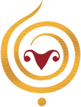 A red and black cartoon fox with a bushy tail inside a gold and orange spiral.