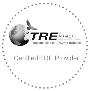 Logo for TRE (Trauma Release Expert) featuring a globe with a bird flying above, and text indicating certified TRE provider for trauma and stress release.