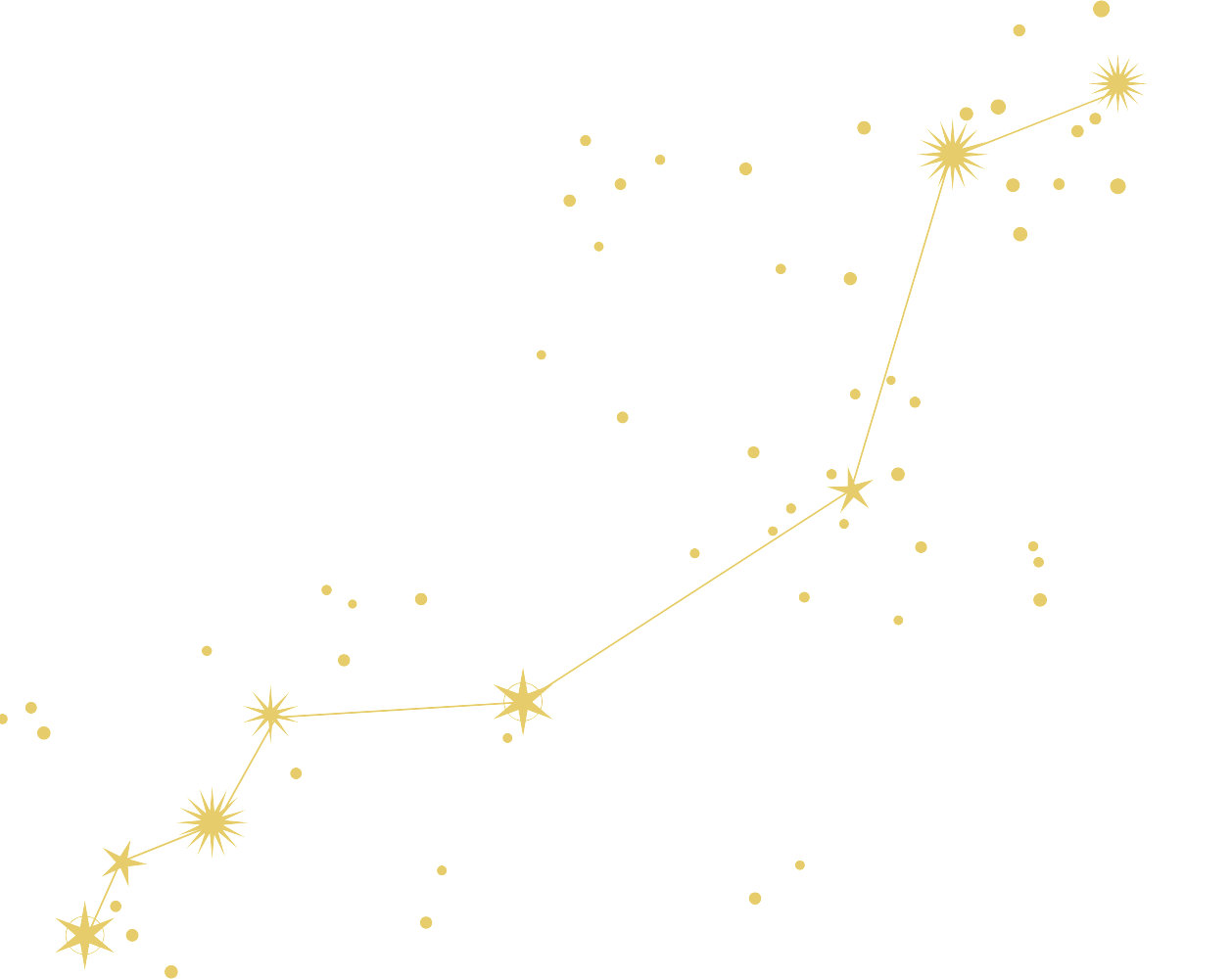 Gold constellation map with stars and dotted points on a white background.