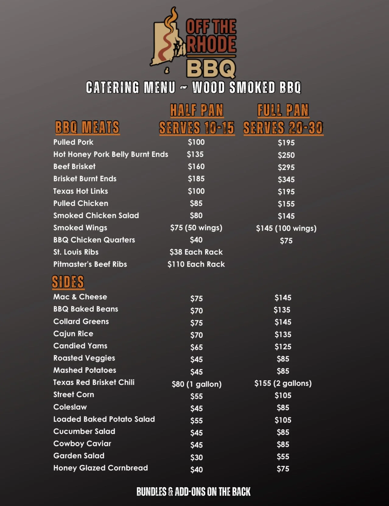 Menu for Off the Rhode BBQ offering catering and wood smoked BBQ. Prices for half and full pans of BBQ meats, sides, and additional items are listed, including pulled pork, brisket, wings, sides like mac and cheese, baked beans, and salads.