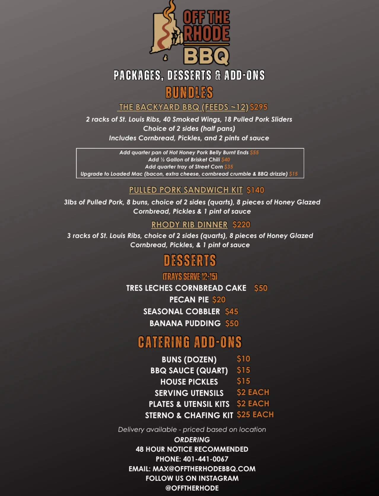 Menu for Off the Rhode BBQ featuring packages, desserts, and catering add-ons, including various barbecue bundles, pulled pork sandwich kits, Rhody rib dinners, desserts like tres leches and banana pudding, and catering options such as buns, BBQ sauce, and serving utensils.
