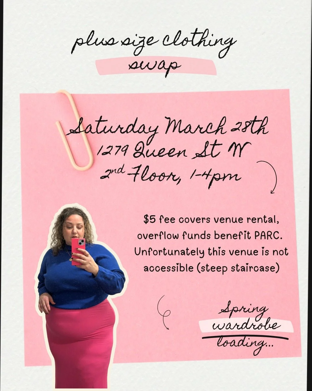 🛍️ PLUS SIZE CLOTHING SWAP 🛍️

Saturday March 28th 1-4pm
1279 Queen St W

Bring a max of 10 items that you think someone else will love to breathe new life into
Items must be
+ clean
+ free from holes, rips or stains
+ buttons and zippers in workin