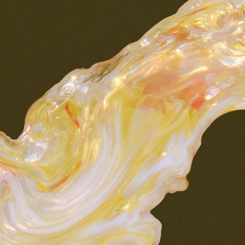 Close-up of iridescent, swirling, translucent material with yellow, white, and orange hues against a dark background.
