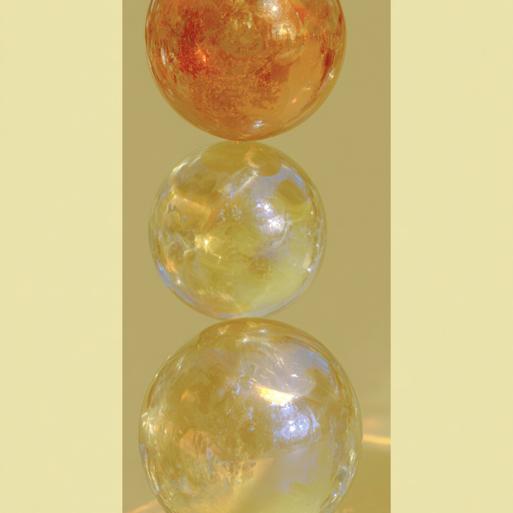 Three spherical, glass-like objects with a glowing, marbled appearance, stacked vertically against a yellow background.