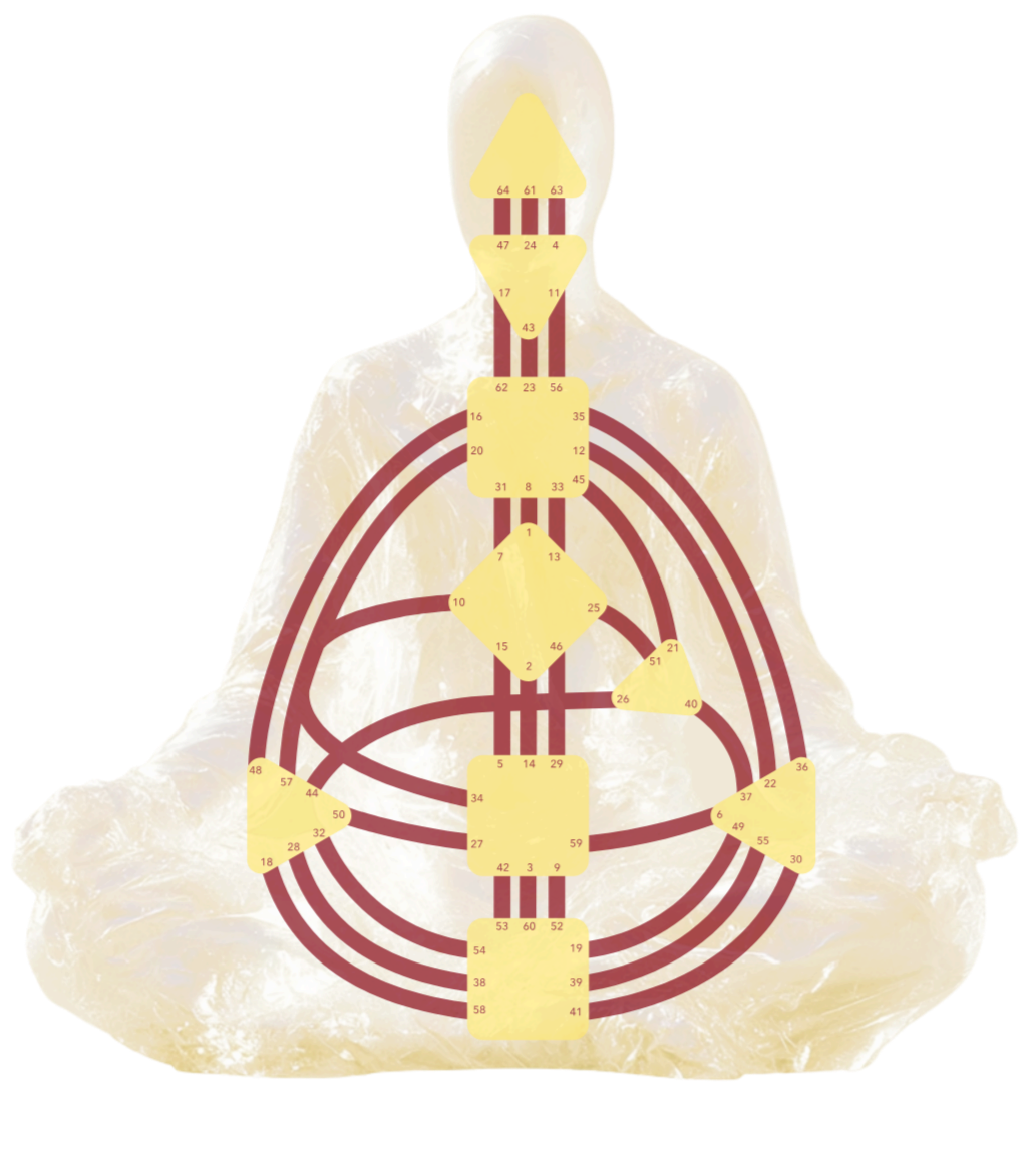 A human figure with an overlay of acupressure or acupuncture meridian lines and numbered points, superimposed on a semi-transparent background of a crystal or mineral.