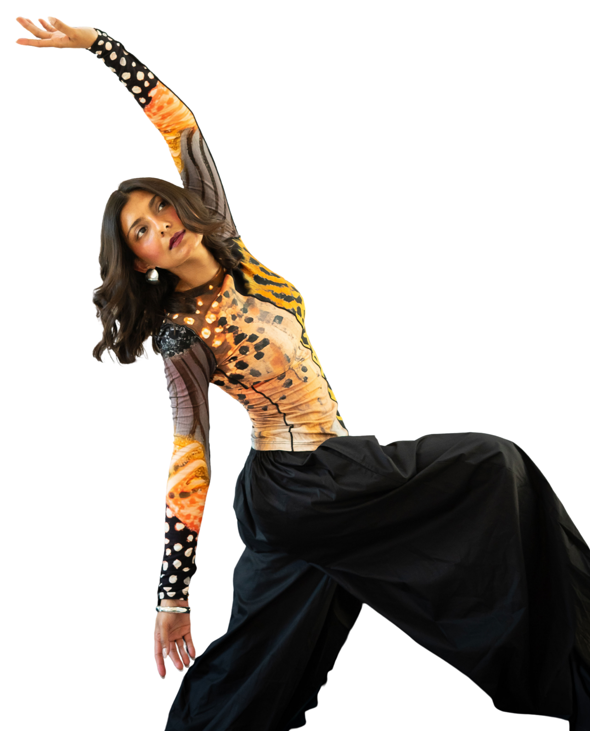 A woman with long dark hair and gold earrings poses with one arm raised above her head. She wears a colorful, patterned top with animal print and polka dots, and black pants.