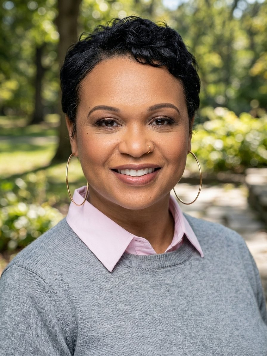 A woman smiling outdoors, wearing a pink collared shirt under a gray sweater, with short curly black hair, hoop earrings, and a small nose ring, with green trees and sunlight in the background.
