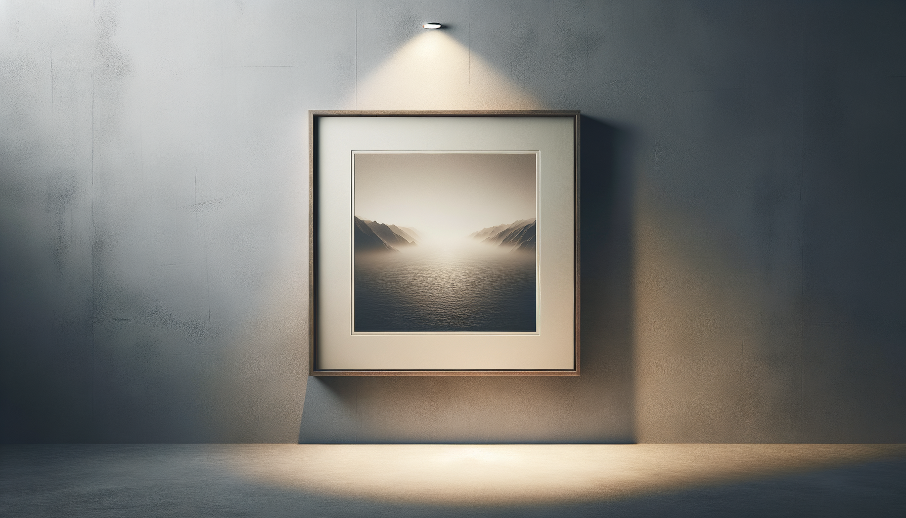 A framed sepia-toned photograph of mountains and water hangs on a gray wall, illuminated by a small spotlight above.