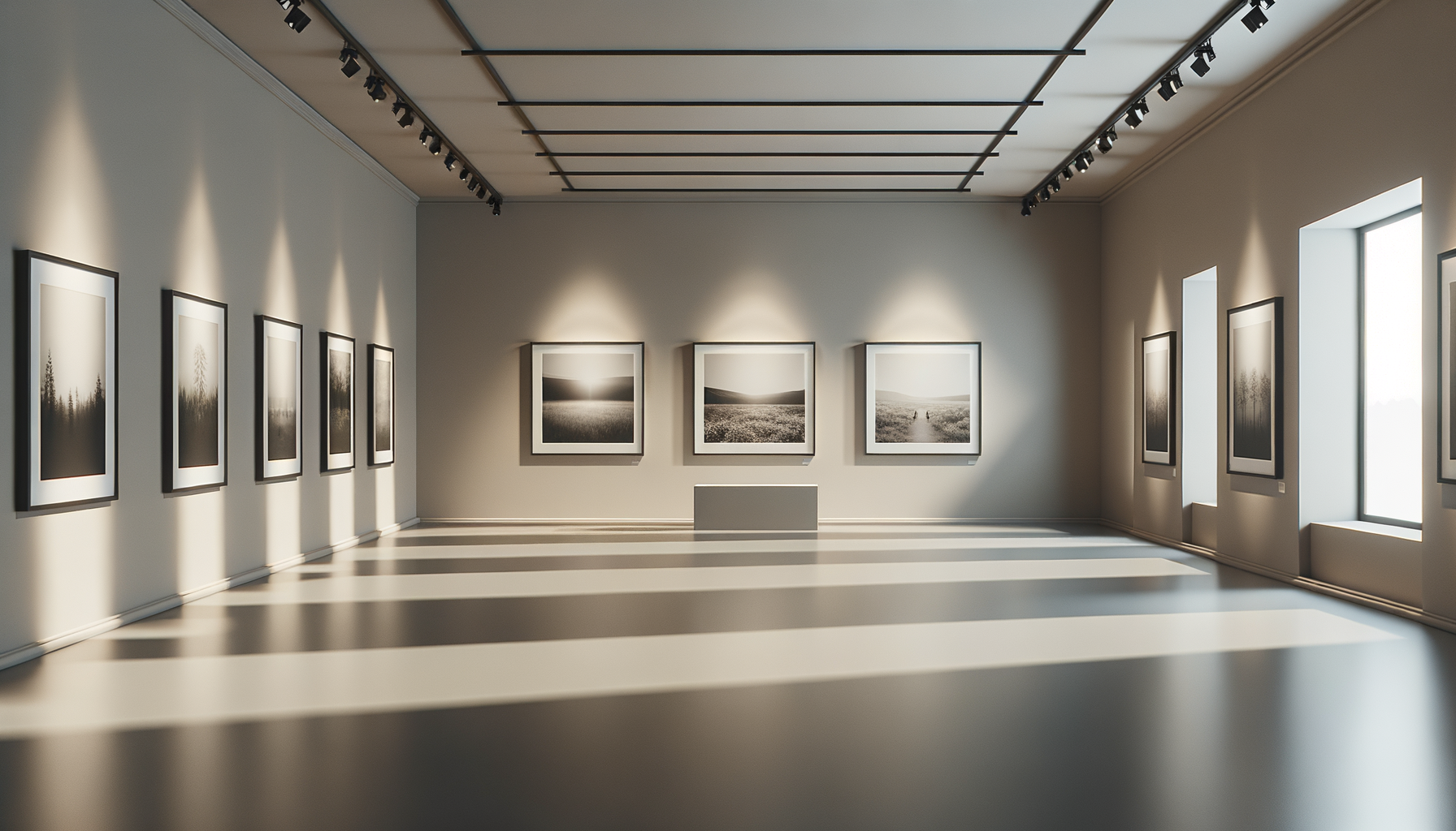 An art gallery with framed black and white landscape photographs on the walls, sunlight streaming through large windows, creating shadows on the floor.