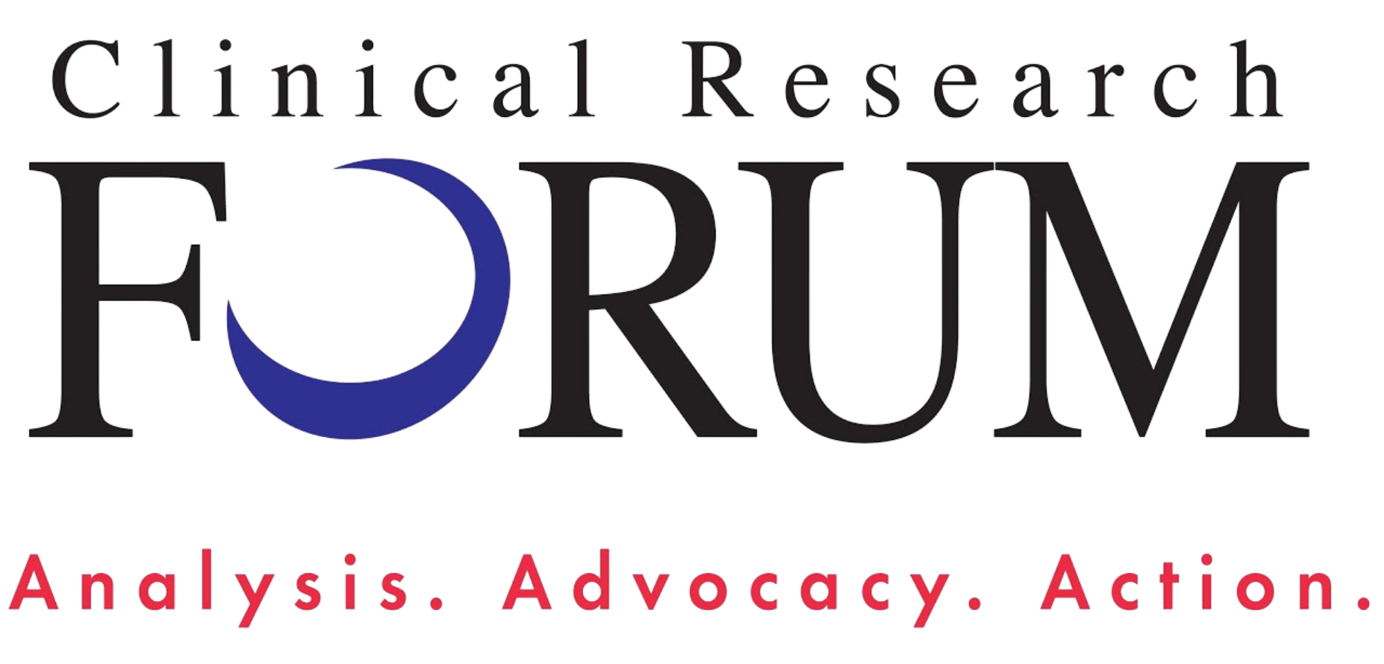 Logo for Clinical Research Forum, featuring a stylized crescent moon shape of the "O", and a color palette of indigo, black, and red, with the tagline 'Analysis, Advocacy, Action'.