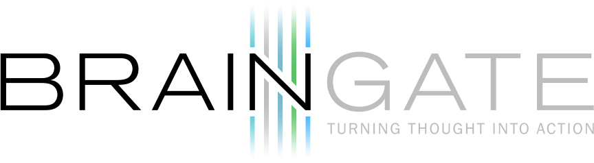 Logo with BrainGate clinical trial, with thin black and grey lettering and thin vertical lines in green and blue behind the "N".