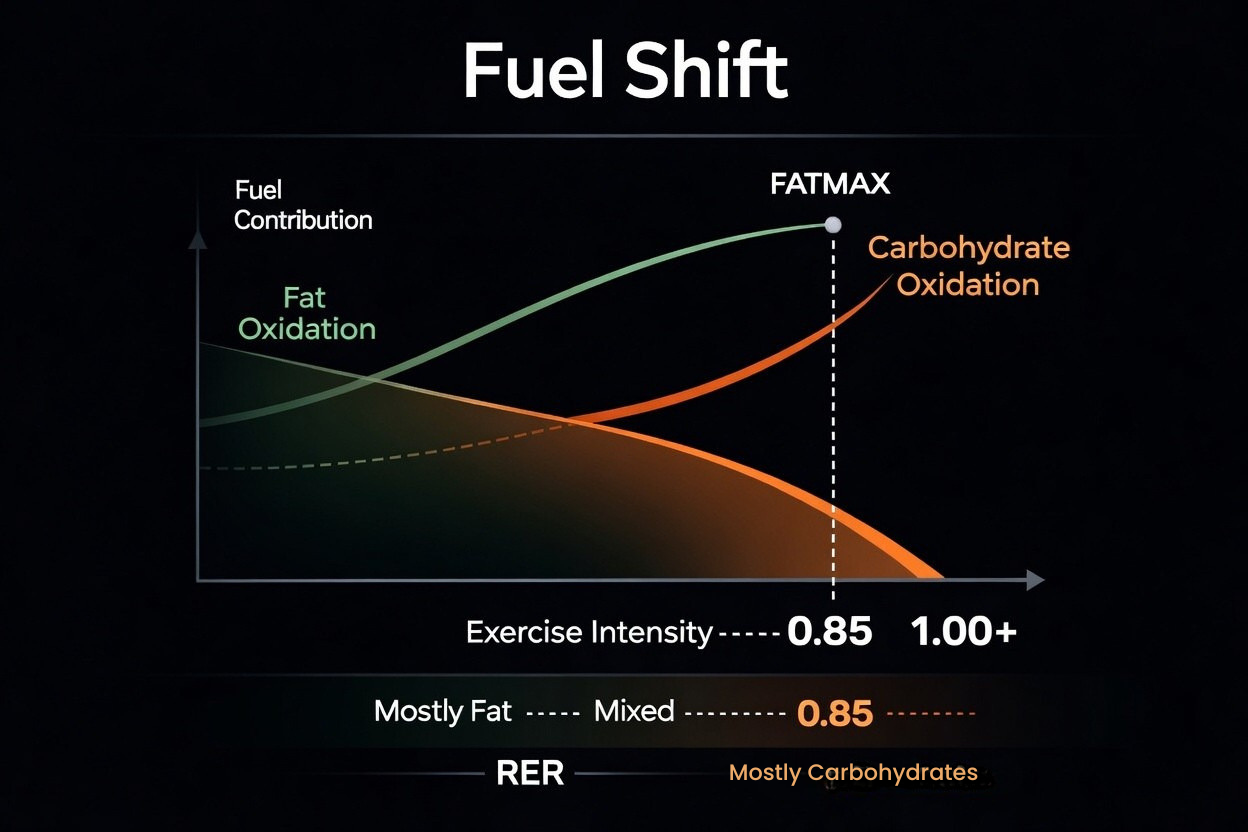 Graph illustrating fuel contribution at different exercise intensities, showing fat oxidation decreasing and carbohydrate oxidation increasing as intensity rises, with a fuel shift point at an exercise intensity of 0.85.
