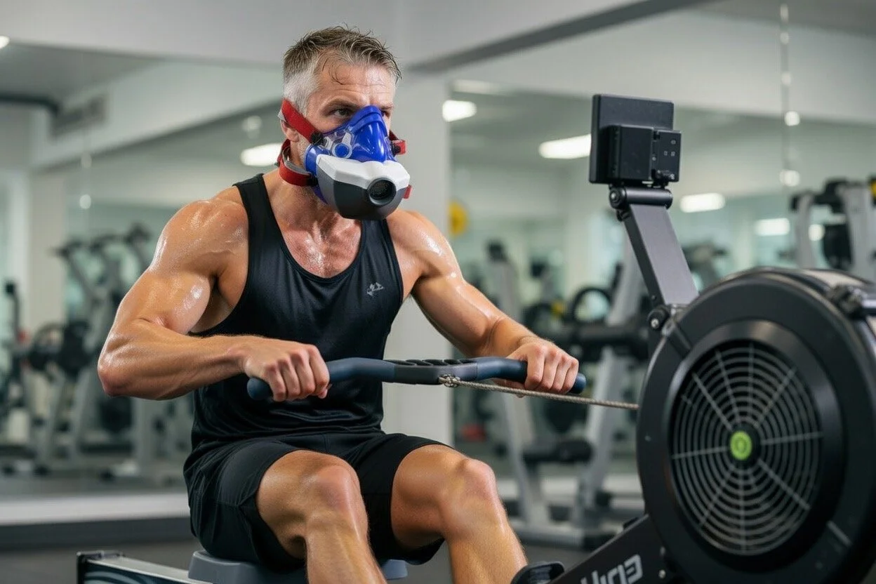 A man exercising on a rowing machine at a gym, wearing a black athletic tank top and shorts, with a blue and red face mask connected to a respirator.