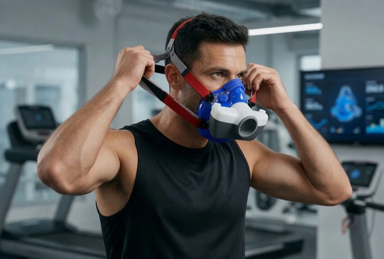 A man in workout attire putting on a VO2 analyzer mask in a gym, with treadmill and a monitor displaying fitness data in the background.