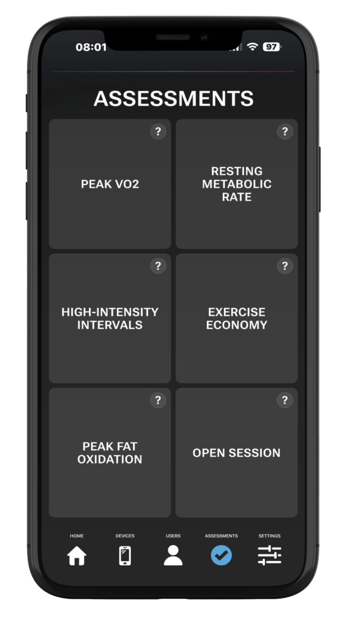 Mobile app screen titled 'Assessments' displaying six assessment options including Peak VO2, Resting Metabolic Rate, High-Intensity Intervals, Exercise Economy, Peak Fat Oxidation, and Open Session, with navigation icons at the bottom.