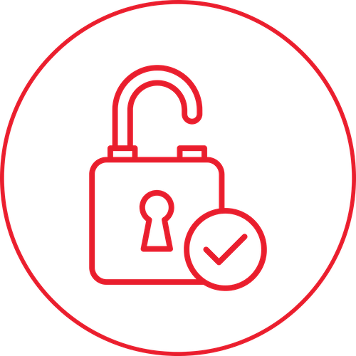 Red digital icon of an unlocked padlock with a checkmark in a circle next to it, surrounded by a red circle.