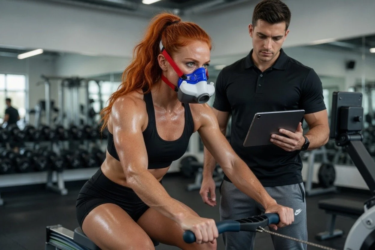 A woman on a rowing machine wearing workout gear and a VO2 analyzer, with a trainer holding a tablet beside her in a gym.