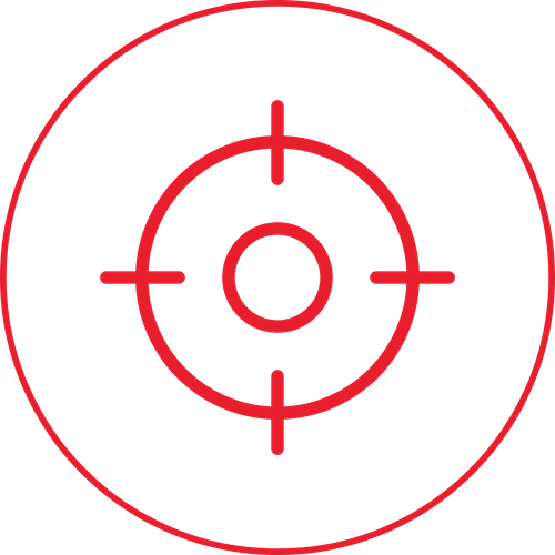 Red target symbol with concentric circles and crosshairs on a black background.