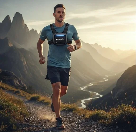A man running on a mountain trail with mountains and a river in the background during sunset, wearing a blue shirt, black shorts, and a hydration pack.