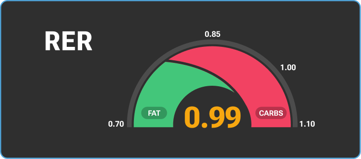 Gauge chart indicating RER with a needle pointing to 0.99, showing green for Fat at 0.70, red for Carbs at 1.00, and a central number 0.99.