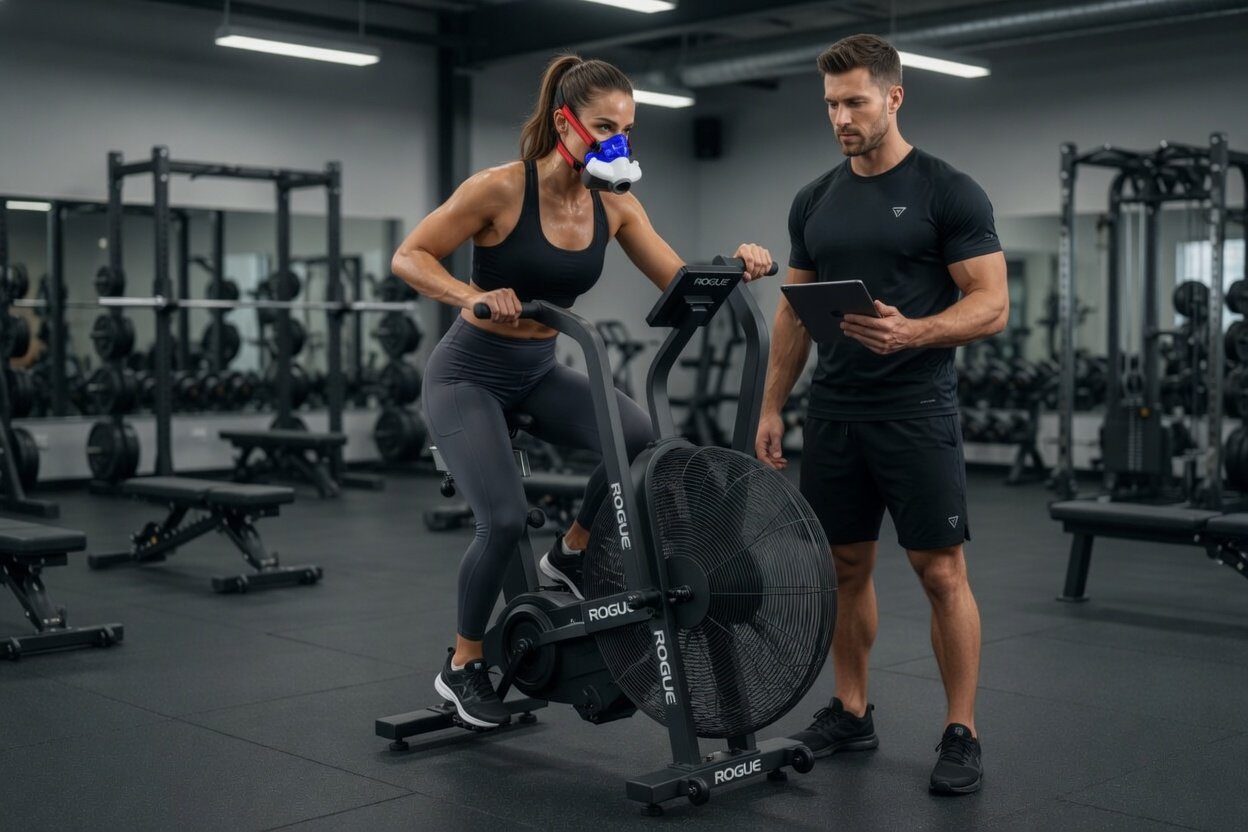 A woman wearing a VO2 analyzer mask and workout clothes is using an air bike while a trainer watches and takes notes in a gym.