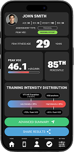 mobile app analyzing VO2 max and metabolic fitness assessment data