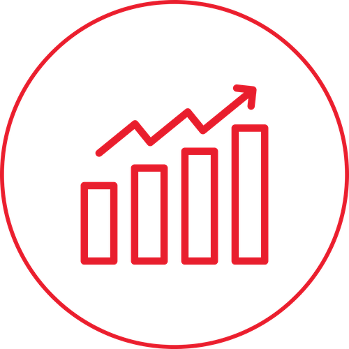 Red rising bar graph with arrow indicating upward trend inside a red circle on a black background.