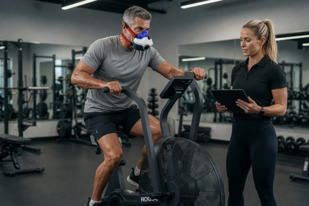 A man wearing a VO2 analyzer mask is using an exercise bike with a fan in a gym, while a woman standing beside him holds a tablet and appears to be supervising or instructing him.