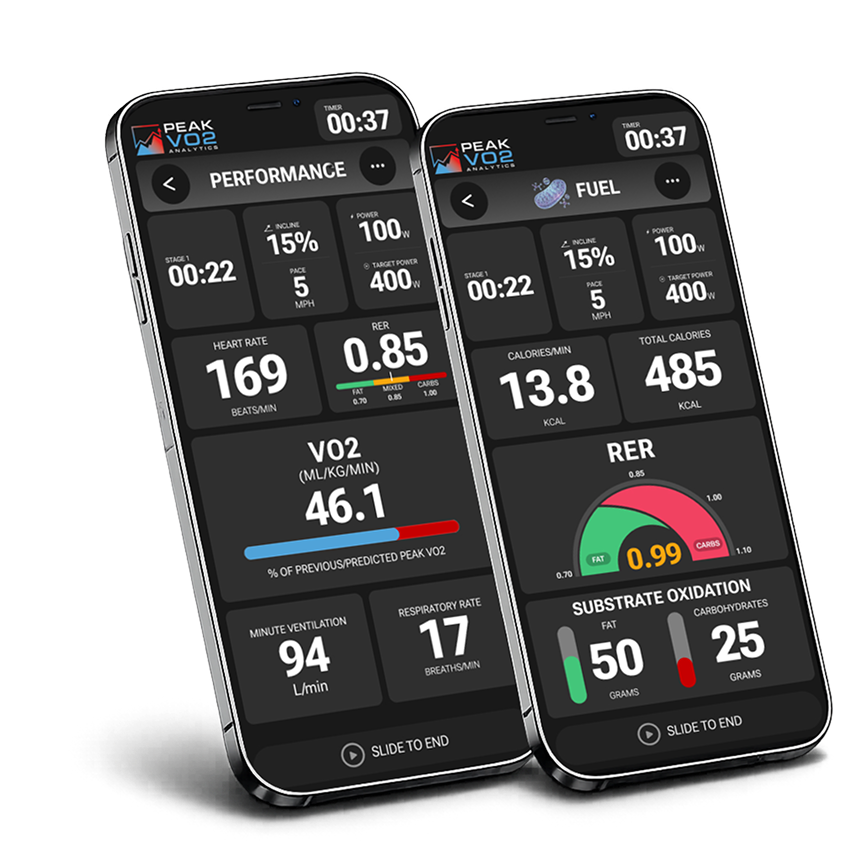 fitness app showing VO2 max data respiratory exchange ratio and endurance training metrics