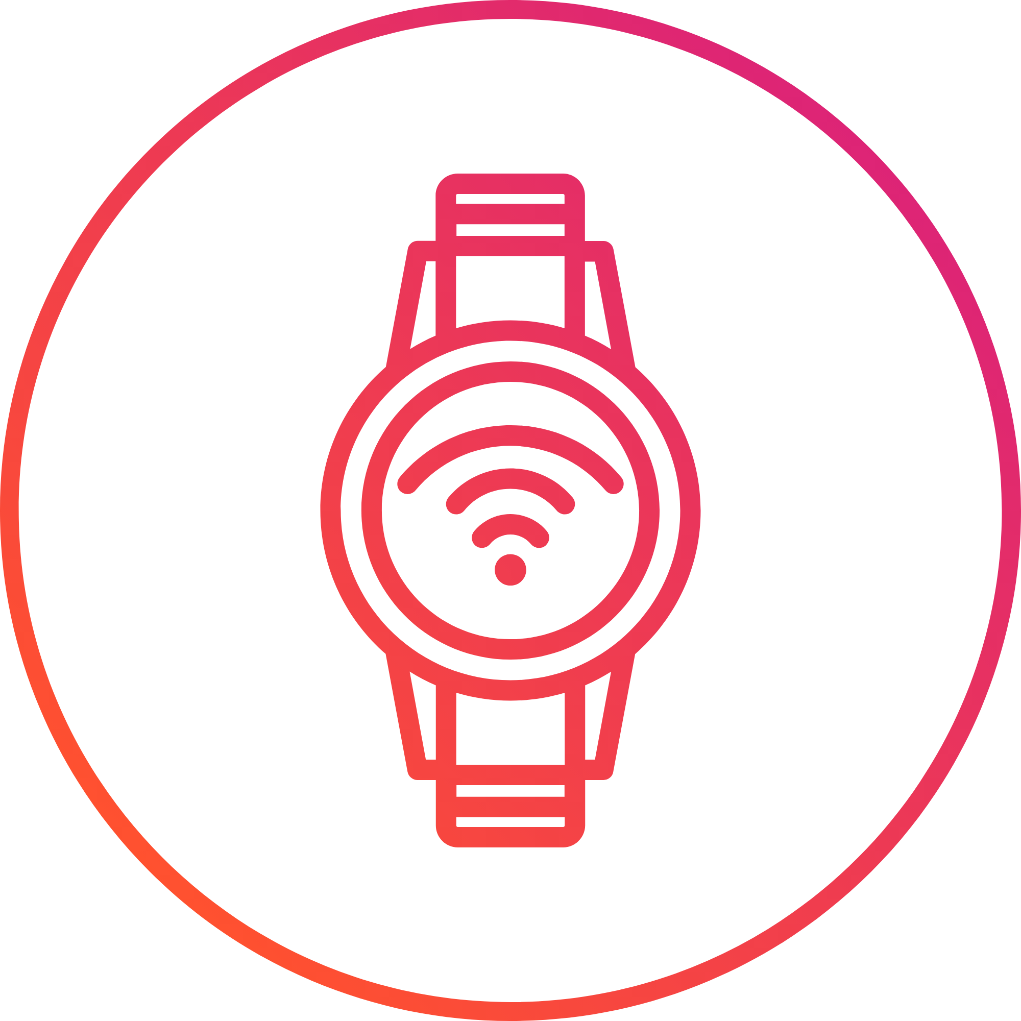Digital illustration of an octagonal logo with a camera icon in the center, predominantly in shades of pink and red.