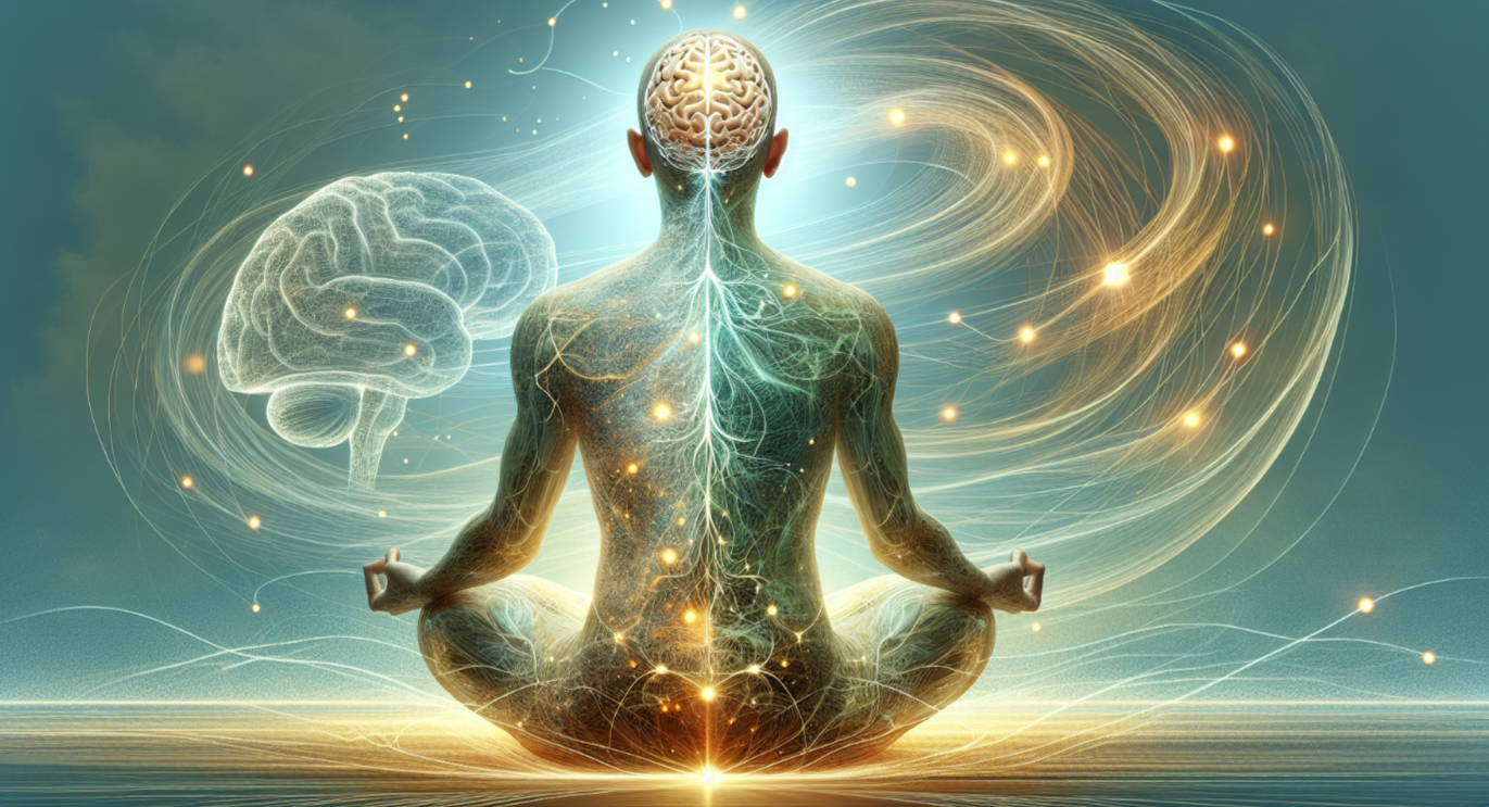 A person meditating in a cross-legged pose with their back to the viewer, surrounded by glowing digital illustrations of the brain and nervous system, with swirling light patterns and a brain-shaped glowing light at the top.