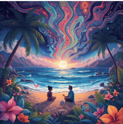 people sitting on a beach at sunset, surrounded by palm trees and vibrant flowers, with colorful swirling clouds in the sky and the ocean waves crashing on the shore.