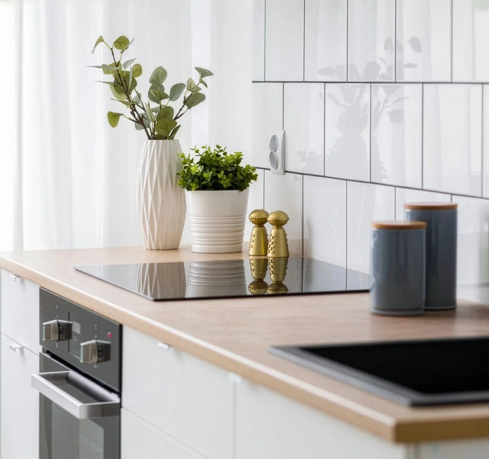 Modern kitchen countertop with potted plants, salt and pepper shakers, and canisters. White tiled wall background.