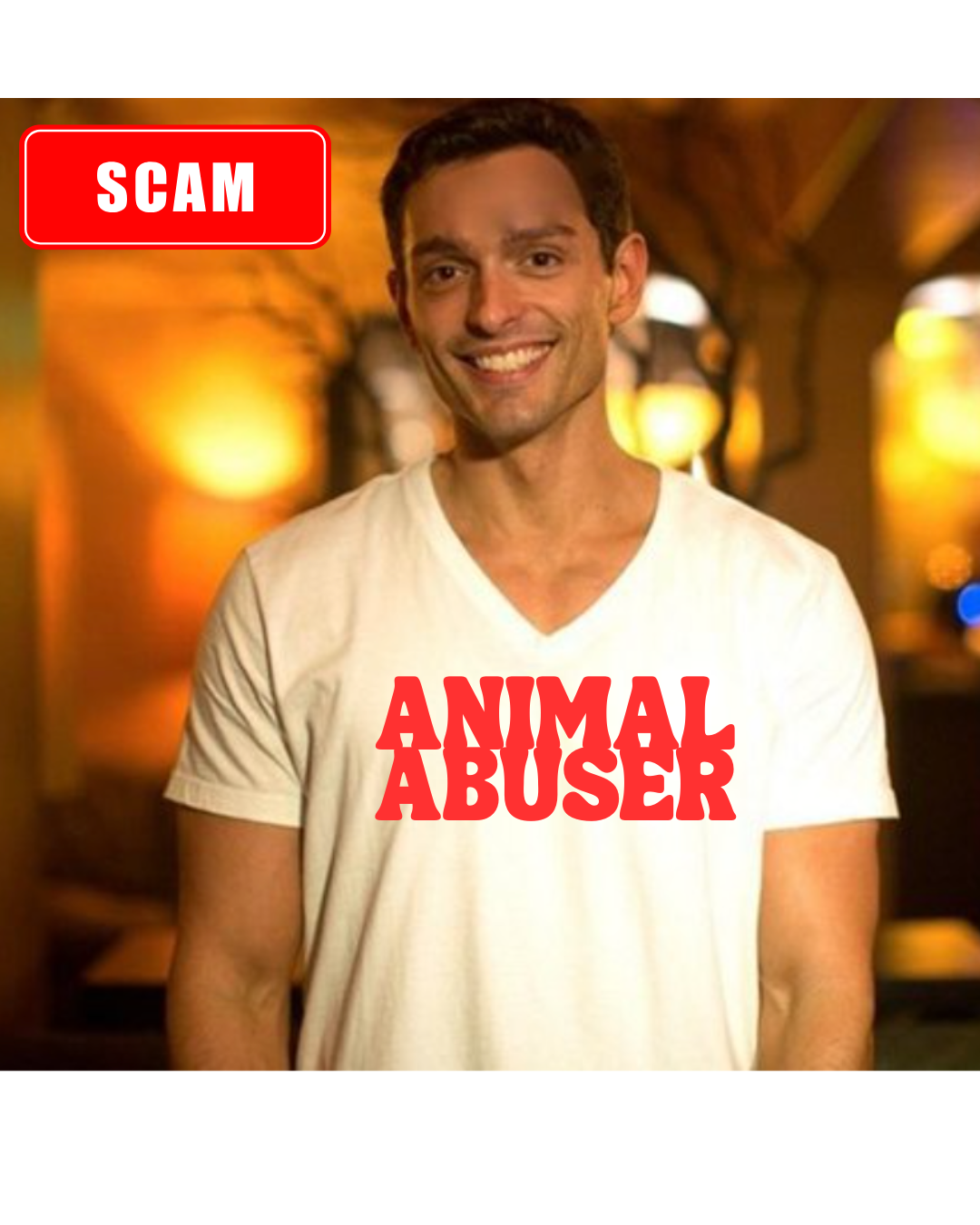 A smiling man in a white T-shirt with red text reading 'Animal Abuser' on it, standing in a warmly lit indoor space at night.