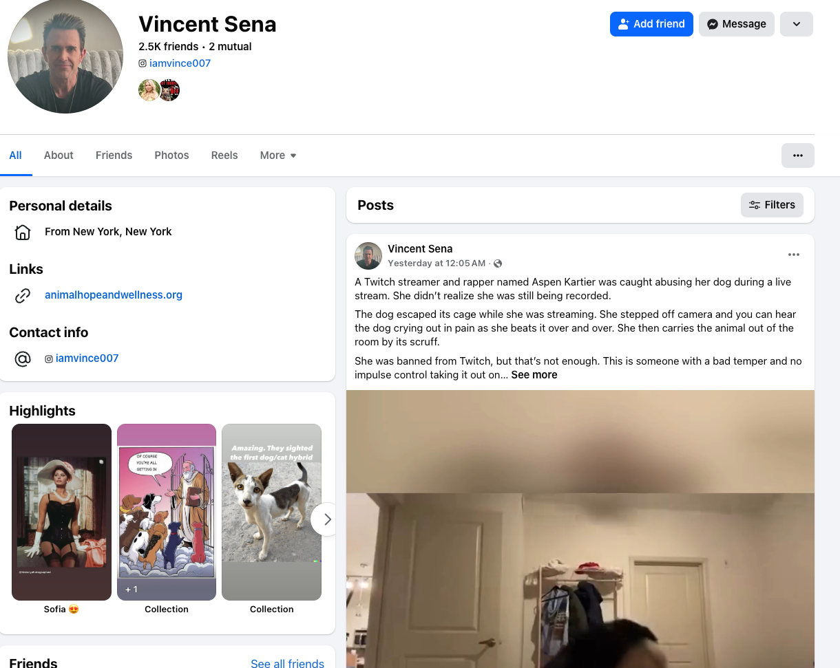 Facebook profile page of Vincent Sena, showing his profile picture, personal details, and recent post about an incident involving a streamer named Aspen Kartier and her dog, with part of an indoor room visible at the bottom.
