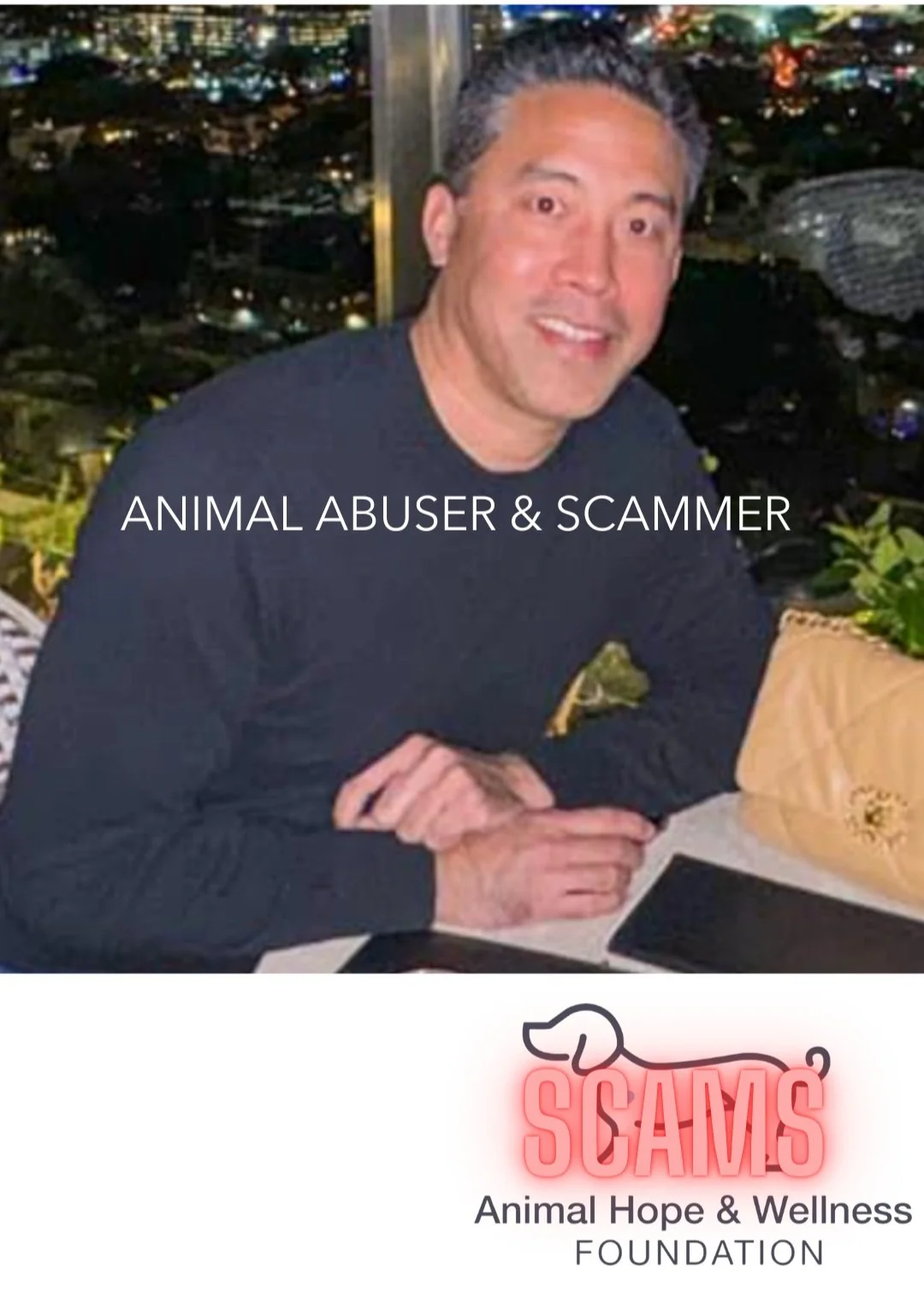 Marc Ching wearing a black long-sleeve shirt, smiling at the camera, sitting at a table with a city view in the background. 'Animal Abuser & Scammer' and a logo for 'SCAMS Animal Hope & Wellness Foundation' featuring a stylized pink dog with the word