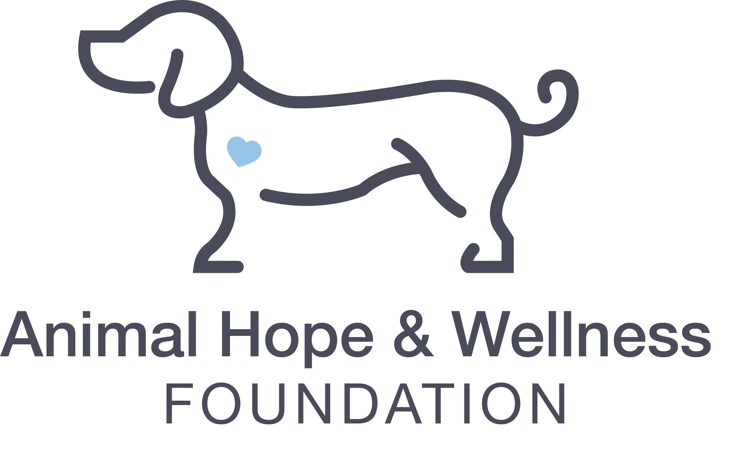 Illustration of a dog made with simple black lines, featuring a small blue heart on its chest, with text below reading 'Animal Hope & Wellness Foundation'.