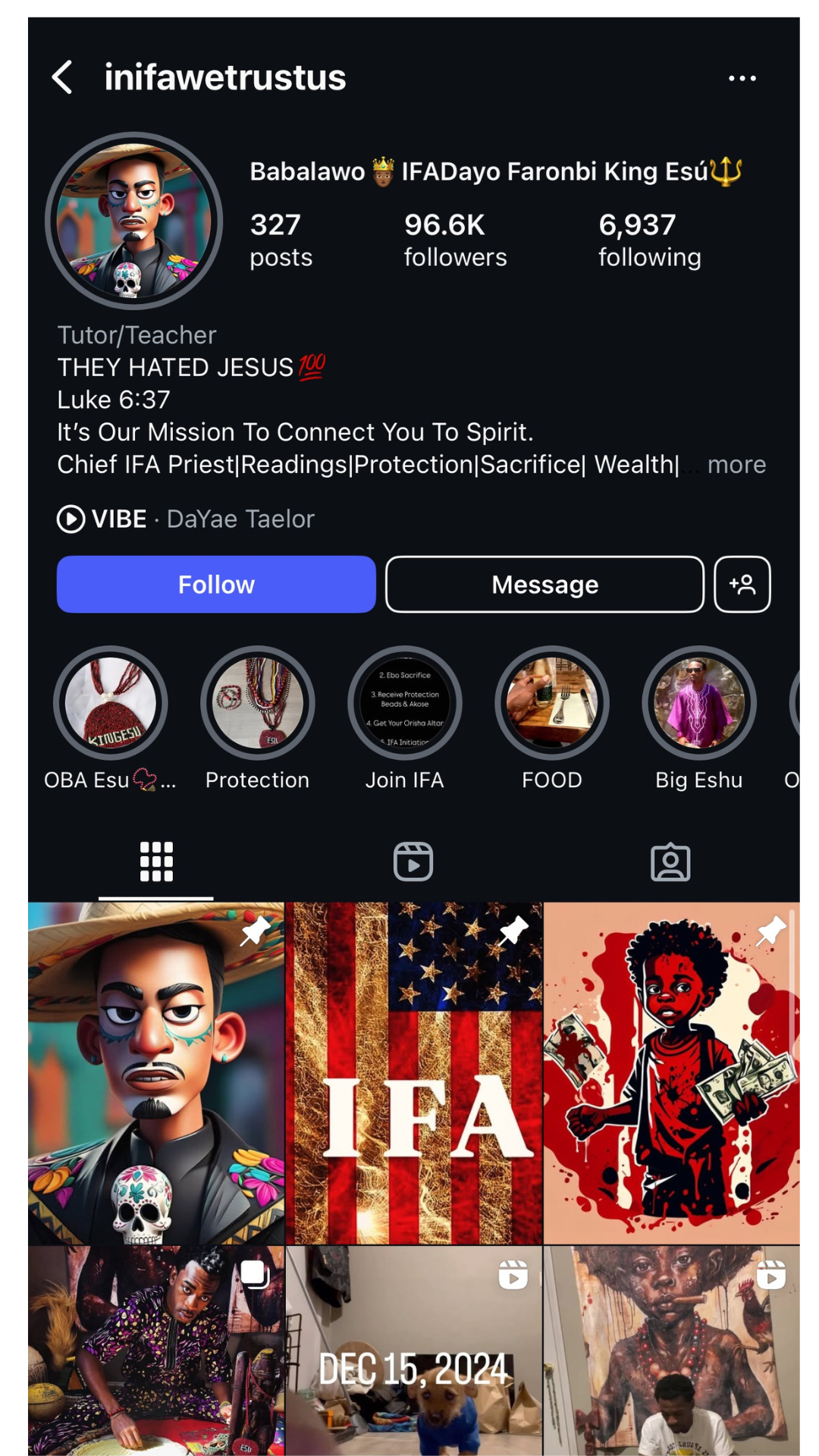 Instagram profile page of user 'iniawetrustus' featuring a profile picture of animated male character with face paint, skull necklace, and colorful clothing. Highlights include images of African jewelry, the American flag with 'IFA' text, and red-black artwork of a child with money. Posts display African art, a dog, and an artist working.